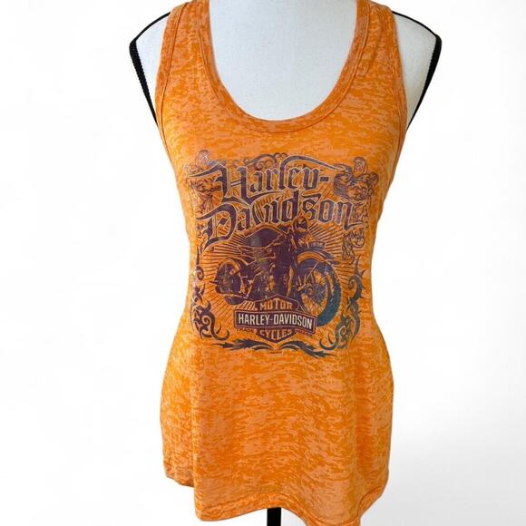 Y2K VTG. Harley Davidson ALL OVER GRAPHIC ORANGE BURN OUT TANK TOP SMALL  #3 - Picture 2 of 8